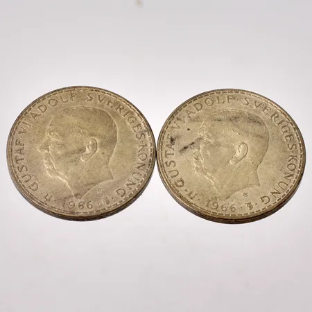 2st mynt i silver, 5kronor, år 1966, vikt 36,1g.