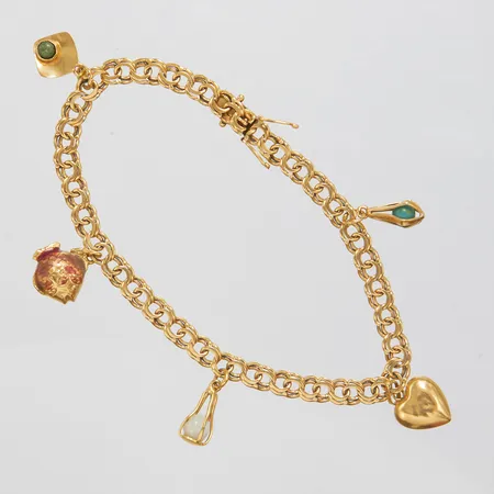 Armband, Bismarck, längd: 20,5cm, bredd: 5mm, 5 integrerade berlocker med stenar varav flera med slitage/bucklor, 18K  Vikt: 13,9 g