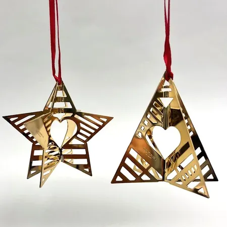 Juldekorationer stjärna och träd, Georg Jensen, längd ca 6,5cm, 18K guldpläterad mässing, design Sanne Lund Traberg, ur Christmas Collectibles 2019, originalask Skickas med paket.