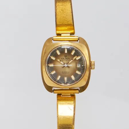 Damur, Olma, automatisk, nr: 07240=3, längd: 18cm, datum, slitet guld på stål, repigt glas, ledat band 