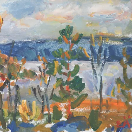 Erling Ärlingsson, landskap från Rudsviken Ö.Emtervik Hösten 1974,signerad,olja på pannå,bildmått 40x50 cm,rammått 45x55 cm. Skickas med Bussgods eller PostNord