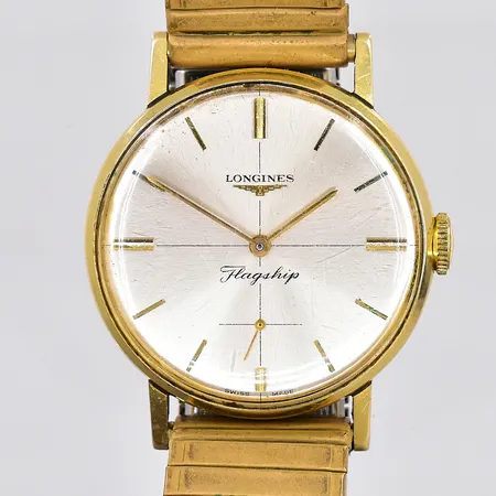 Herrur Longines, Flagship, 14K, Ø34mm,manuell, graverad boett, 1960-tal, platsglas,  flexband, ask, ytterkartong