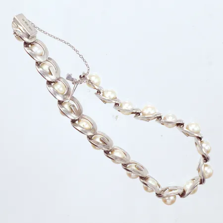 Armband med 20st odlade saltvattenspärlor, Ø6mm, ca 18,5cm, vitguld, bredd: 1cm, 14K Vikt: 27,6 g