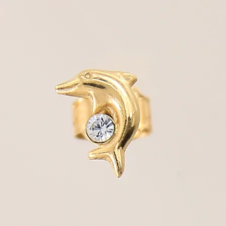 Udda örhänge delfin med vit sten, 8x3,2mm, 18K  Vikt: 0,4 g