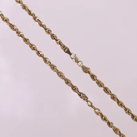 Kedja Cordell, ca 55cm, bredd 3,5mm, saknar länkar, synlig lödning. 14K  Vikt: 5 g