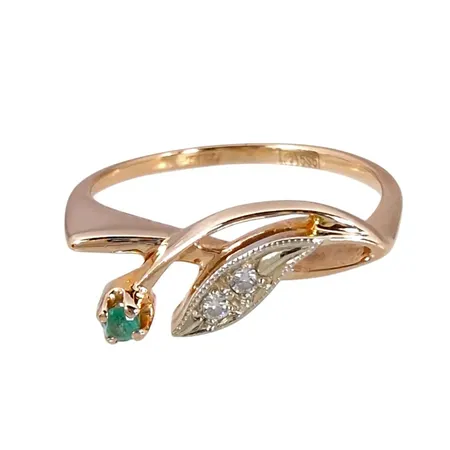 Diamantring, 14K guld, Smaragd Ø 2 mm, Diamanter 2 x 0,01ct, Ø17,0 mm, bredd 1-8 mm, fint skick, stenar utan anmärkning Vikt: 2,2 g