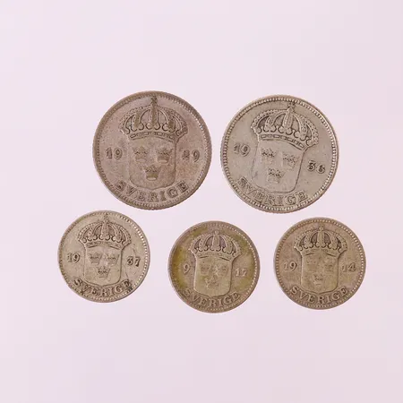 5st Mynt, blandade valörer. 600/1000 silver  Vikt: 17 g