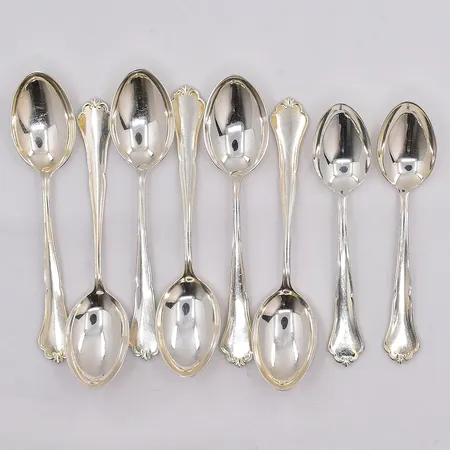 5 kaffeskedar, 12cm, 2 moccaskedar 11cm, modell Hansa, silver Vikt: 143,8 g