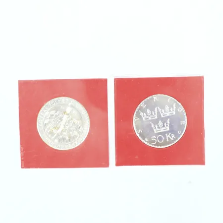 2 Silvermynt nominellt värde 50kr à 26,9g i plastaskar, 925/1000
