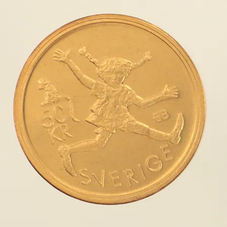 Minnesmynt, Pippi Långstrump/Astrid Lindgren 1907-2002, Ø36mm, nominellt värde 50kr, aluminiumbrons-legering, plastetui