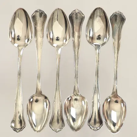 Sex kaffeskedar, modell Chippendale Finsk, längd 11,5cm, Finland, gravyr, 830/1000 silver  Vikt: 75,9 g