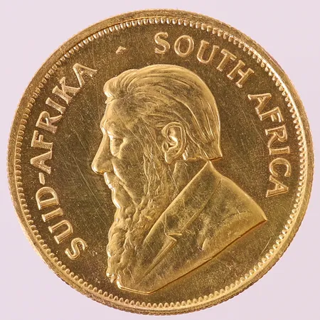 Mynt Krugerrand, 1 Ounce, South-Africa,1980, Ø32,7mm, nagg/hack på kanten, 22K.  Vikt: 33,9 g