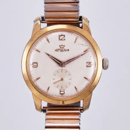 Herrur Lemonia, 34mm, manuell, liten sekundvisare, doublé, kronan defekt, repor/sprickor på glas, flexband i metall 