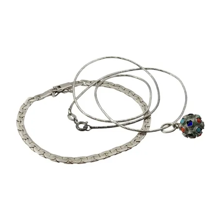Collier och Armband, silver, längd 19,5 cm och 43 cm, färgade stenar Vikt: 13,2 g