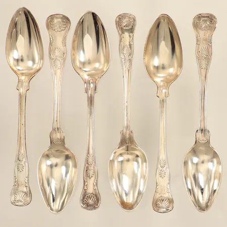 Sex efterrättsskedar,  modell engelsk snäcka, längd 14,5cm, silver Vikt: 130,1 g