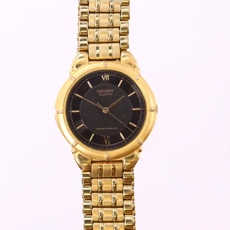 Herrur, Orient, ca Ø32mm, guldfärgad stål, boettnr  EA B05975-60 OS, armband ca 20cm i guldfärgad stål, i behov av batteribyte