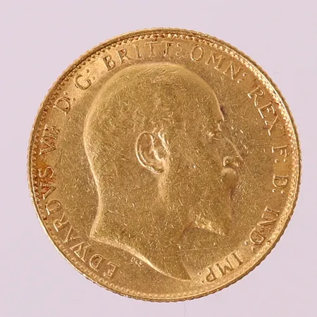 Mynt 1 Sovereign - Edward VII, 1910, Ø22mm, 21,6K.  Vikt: 8 g