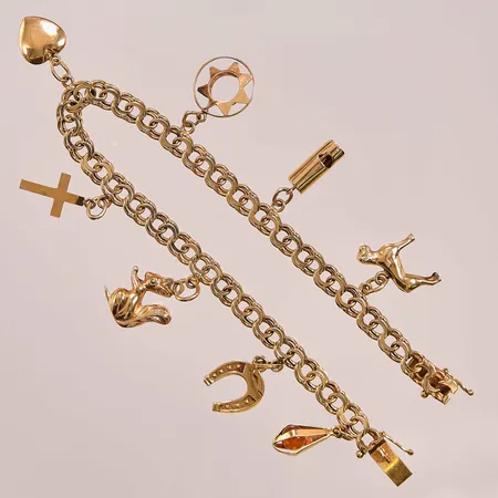 Armband Bismarck, 19,5cm, bredd:5mm, berlocker, 18K 15,4g.
