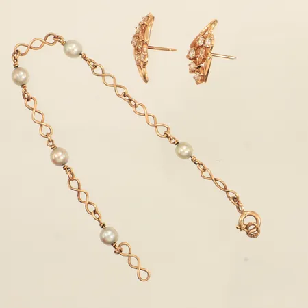 Ett par örhängen, armband, stenar, pärlor, defekt, 14K  Vikt: 4,7 g
