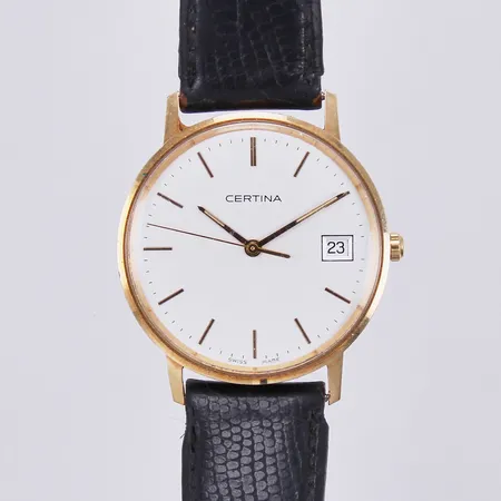 Herrur Certina quartz, i behov av batteribyte, gravyr, Ø 34mm, 14K, med läderband