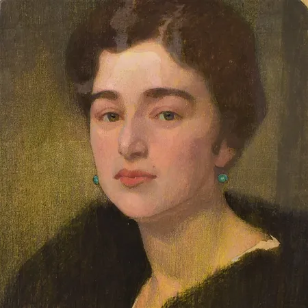 Tavla, olja på duk, Alfred Rudolfovich EBERLING, föreställande skulptören och formgivaren Marie-Louise Idestam-Blomberg, signerad och daterad 1917, ram med slitage, duk med fuktskada vid kant & färgsläpp Skickas med postpaket.