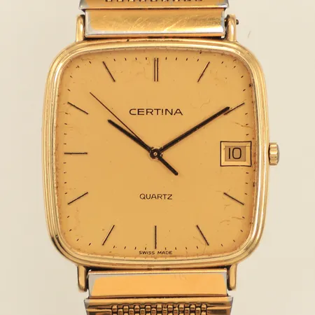 Armbandsur Certina, 14K, ca 14x 14mm, quartz, datum, gravyr, repor på urtavla, stållänk, går ej, box, bruttovikt: 51,5g 