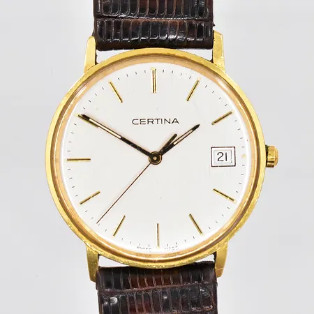 Herrur Certina 18K, Ø 33,5mm, datum, quartz, graverad,repigt platsglas, står still, läderband 