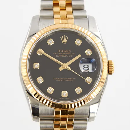Armbandsur Rolex, Datejust, guld/stål, svart urtavla, diamantindex, jubilélänk, Ref: 116233, snr:23A275L4, verknr: 33757817, caliber 3135, boettnr 2080, claspcode 5AM, box, ytterkartong, certifikat från Hong Kong september -2020  Vikt: 130,7 g
