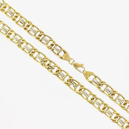 Kedja, vitguld/gulguld, 47cm, bredd 8,5mm, ihålig, skevheter, 18K.  Vikt: 32,6 g