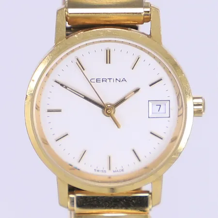 Damur Certina, Ø24mm, quartz, datum, 18K i boett, flexlänk i stål, graverad bakboett, går troligen behov av batteribyte, Bruttovikt: 26,1g