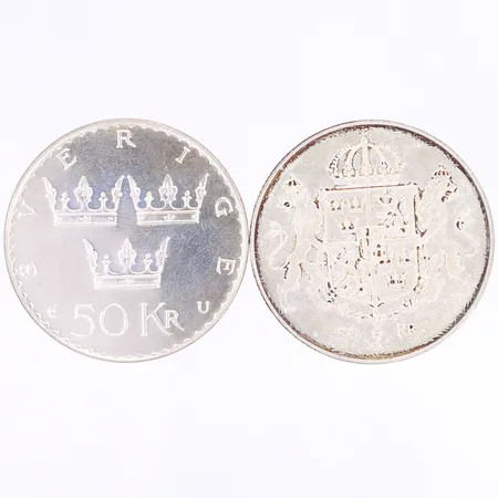 Två jubileumsmynt, 50kr 1975 & 1976, silver 925/1000 Vikt: 54 g