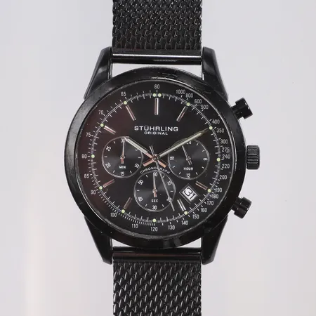Herrur Stührling Ø43mm, quartz (går ej, troligen batteribyte), kronograf, datum, stållänk, smärre slitage 