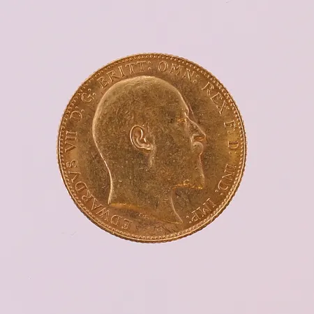 Mynt 1 Sovereign,  Edward VII, 1908, Ø22mm, 22K.  Vikt: 8 g