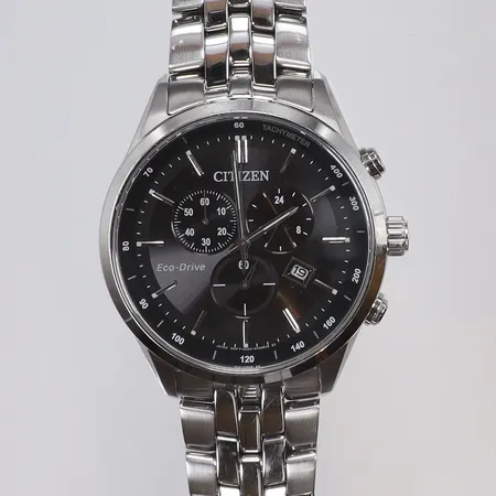 Herrur Citizen Eco-Drive Ø42mm ref nr. H504-S083290 snr. 282370187, quartz (går ej, troligen batteribyte), kronograf, datum, stållänk, gott skick, inga tillbehör 