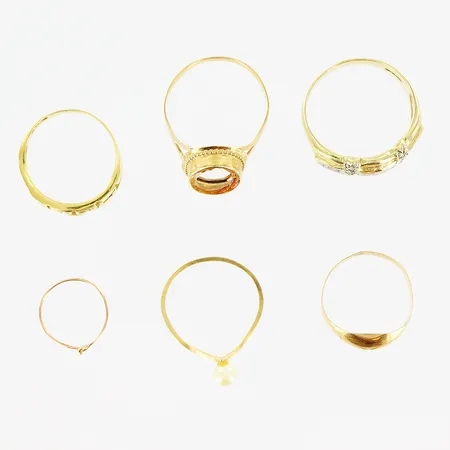 5 ringar, 1 örhänge, stenar, pärla, defekter, 18K.  Vikt: 13,8 g