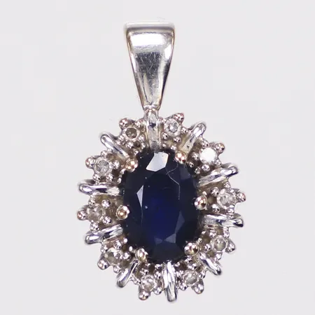 Hänge, Carmosé med blå stenar och vita stenar, troligen moissanite, längd 15mm inkl ögla, bredd 0,9mm, GHA, vitguld, 18K Vikt: 1,6 g