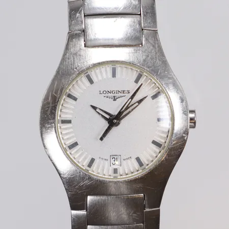 Damur Longines Oposotion Ø25mm  ref nr. L3.117.4 snr. 30019465, quartz (går ej i behov av batteribyte), datum, stållänk med repor, inga tillbehör