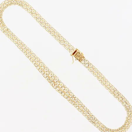 Collier, X-länk med stav, ca 46,5cm, bredd 8-12mm, defekt, skevheter i länk och lås, 18K.  Vikt: 28,1 g