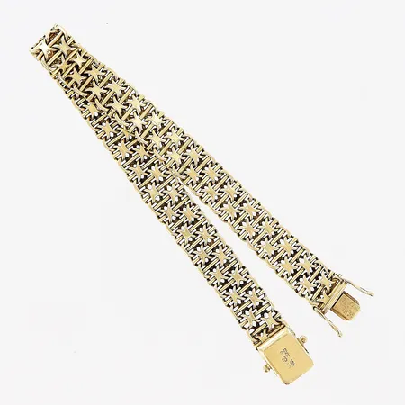 Armband, X-länk med stav, 20,5cm, bredd 10mm, smärre slitage vid lås, 18K.  Vikt: 28,2 g