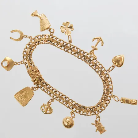 Armband X-länk, elva berlocker, längd ca 18cm, bredd ca 6,5-30mm, Lindgrens Guldsmedsatelje, Örebro, år 1954, mindre slitage, 18K Vikt: 21,6 g