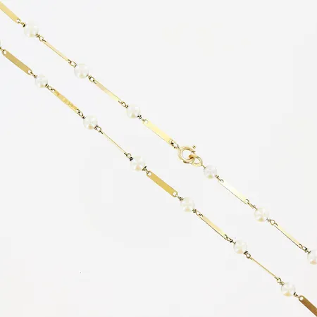 Collier, pärlor, 75cm, bredd 2-4mm, ihålig, skevheter, 18K. Vikt: 11,3 g