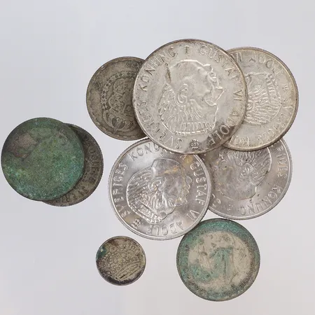 8st Silvermynt 10 öre - 5 kronor, Gustav V - Gustaf VI Adolf, slitage, silver 400/1000 Vikt: 87,9 g