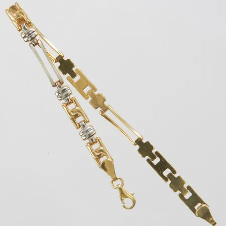 Armband, tvåfärgad, längd ca 19cm, bredd 4-6mm, skev/klämda länkar samt lås, 14K Vikt: 5,9 g