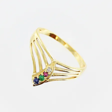 Ring, vit/röd/grön/blå sten, stl 17¼, bredd 1,5-10mm, 18K. Vikt: 1,7 g
