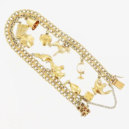 Armband, X-länk, 19cm, bredd 7mm, 11 berlocker, säkerhetskedja, 18K.  Vikt: 23,6 g