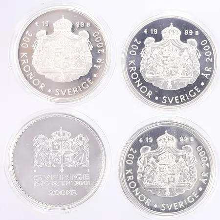 Jubileumsmynt, tre st 200kr 1999, ett st 200kr 2001, i etuier, silver 925/1000 Vikt: 108,3 g