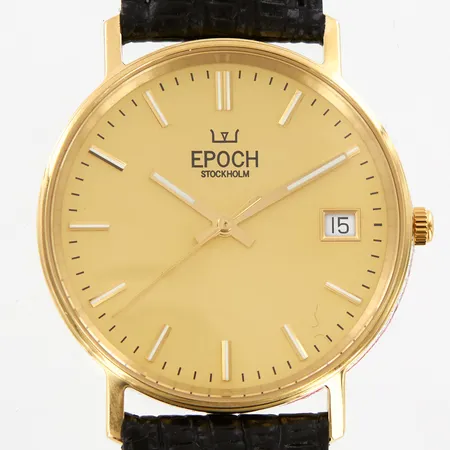 Herrur Epoch Stockholm, Ø34mm, boett 18K, Quartz, datum, svart läderarmband, Inköpt på Bernhard Huke i Malmö, nyskick Vikt: 32 g