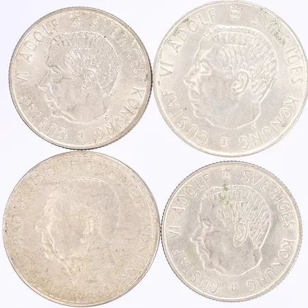 Fyra silvermynt, 5kr 1954 & 1966, 2kr 1955 & 1965, silver 400/1000 Vikt: 64,1 g