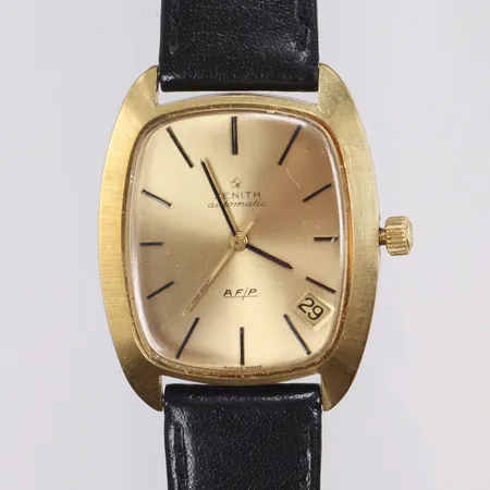 Herrur Zenith 18K, AF/P automatic, 32x40mm, automat, datum, originalkrona, plastglas med liten skada, OBS, Servicebehov kronan sitter löst!, ca 1970-tal, originallåda, guld i boett, bruttovikt 37,7g