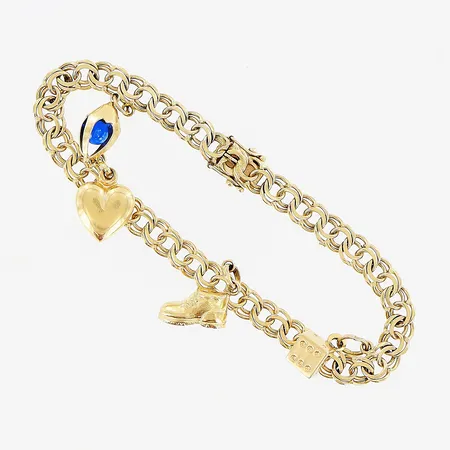 Armband, Bismarck, 19,3cm, bredd 6mm, 4 berlocker, 1 defekt ögla, 18K.  Vikt: 16,8 g
